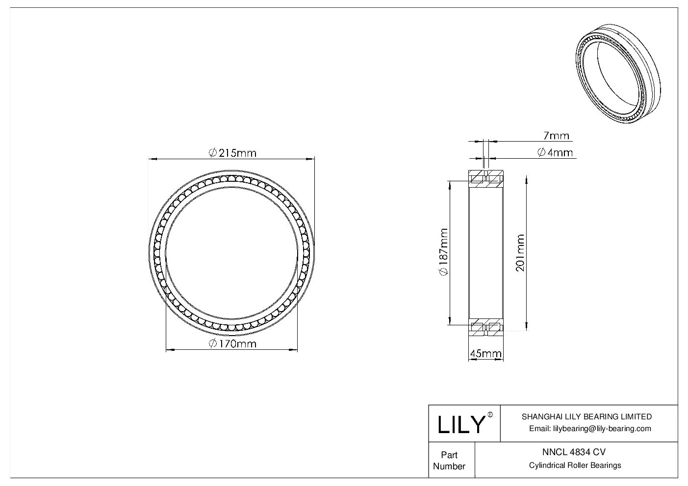 NNCL 4834 CV Double Row Full Complement Cylindrical Roller Bearings cad drawing