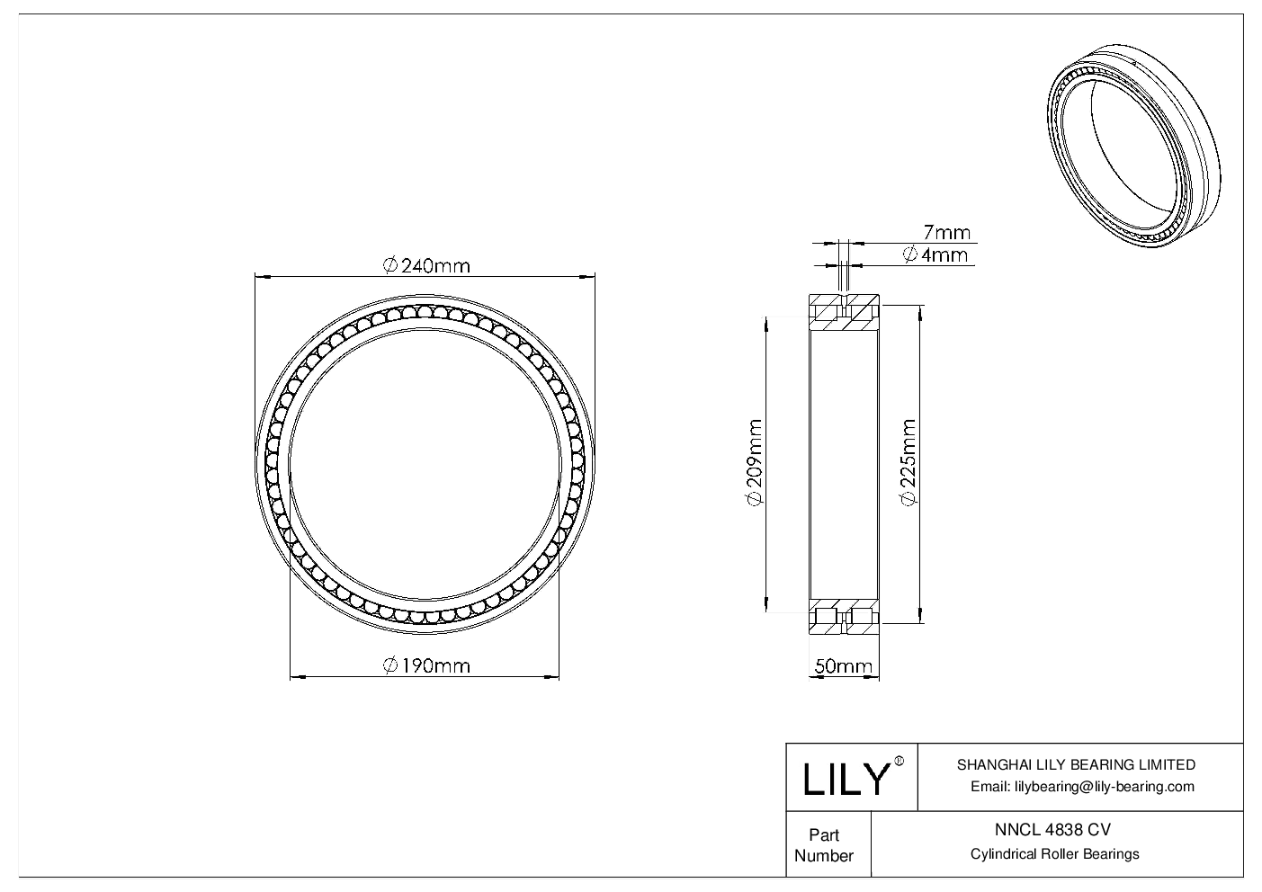 NNCL 4838 CV Double Row Full Complement Cylindrical Roller Bearings cad drawing