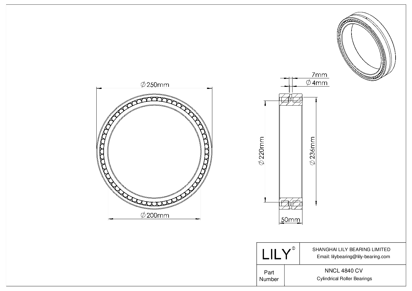 NNCL 4840 CV Double Row Full Complement Cylindrical Roller Bearings cad drawing