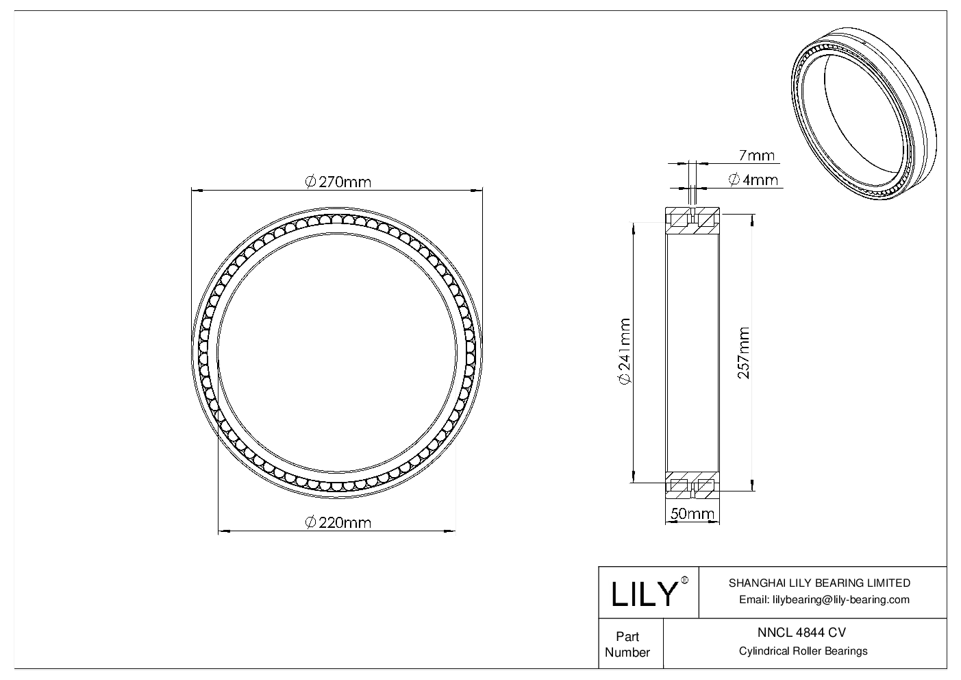 NNCL 4844 CV Double Row Full Complement Cylindrical Roller Bearings cad drawing