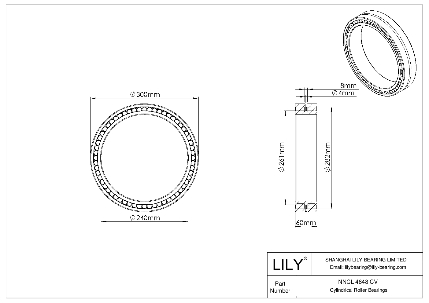 NNCL 4848 CV Double Row Full Complement Cylindrical Roller Bearings cad drawing