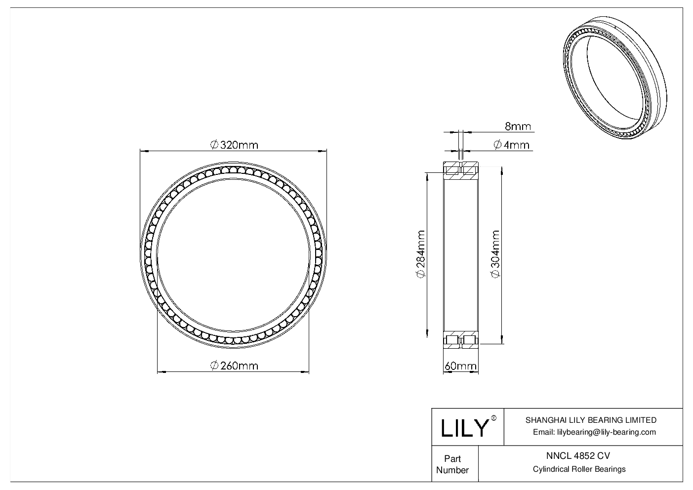 NNCL 4852 CV Double Row Full Complement Cylindrical Roller Bearings cad drawing