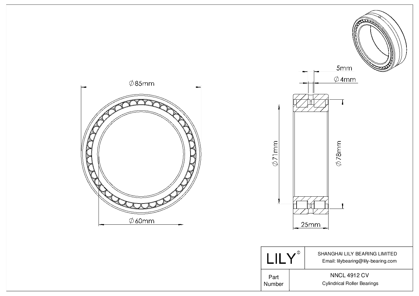 NNCL 4912 CV Double Row Full Complement Cylindrical Roller Bearings cad drawing