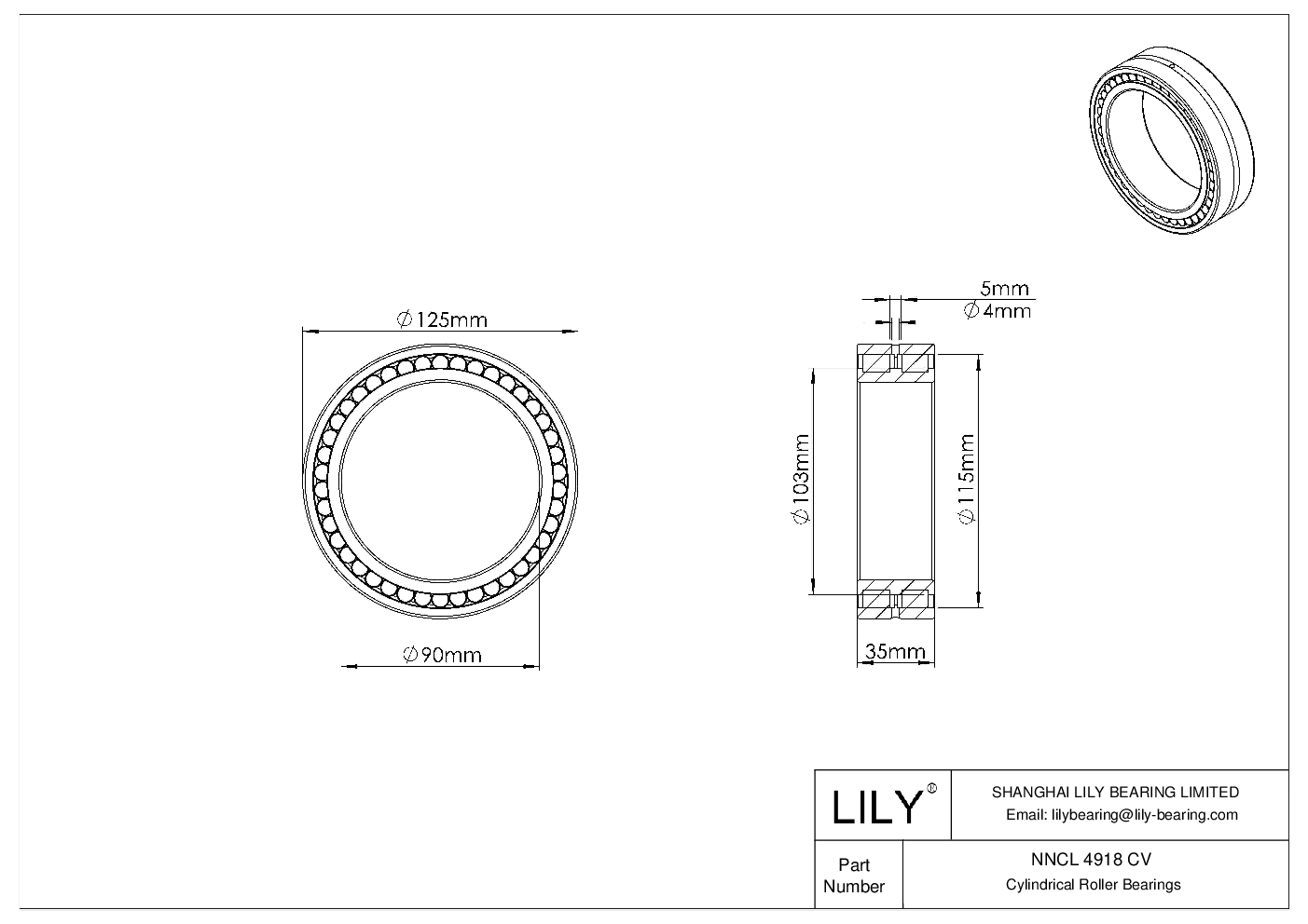 NNCL 4918 CV Double Row Full Complement Cylindrical Roller Bearings cad drawing