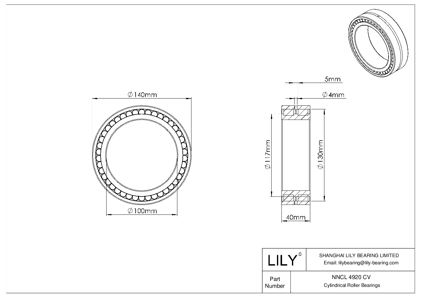 NNCL 4920 CV Double Row Full Complement Cylindrical Roller Bearings cad drawing