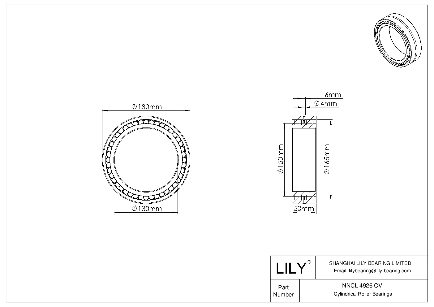 NNCL 4926 CV Double Row Full Complement Cylindrical Roller Bearings cad drawing