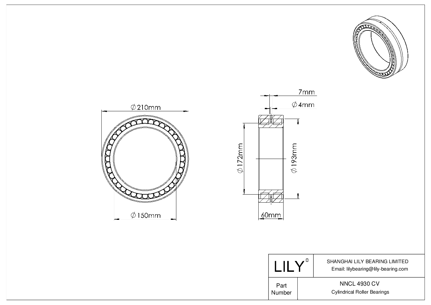 NNCL 4930 CV Double Row Full Complement Cylindrical Roller Bearings cad drawing