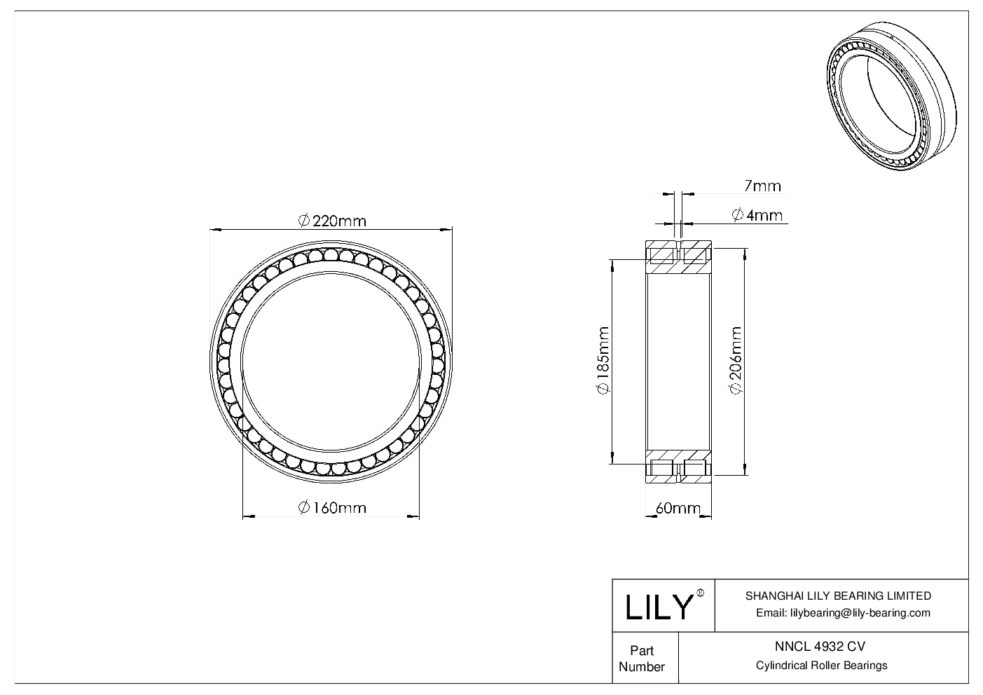 NNCL 4932 CV Double Row Full Complement Cylindrical Roller Bearings cad drawing