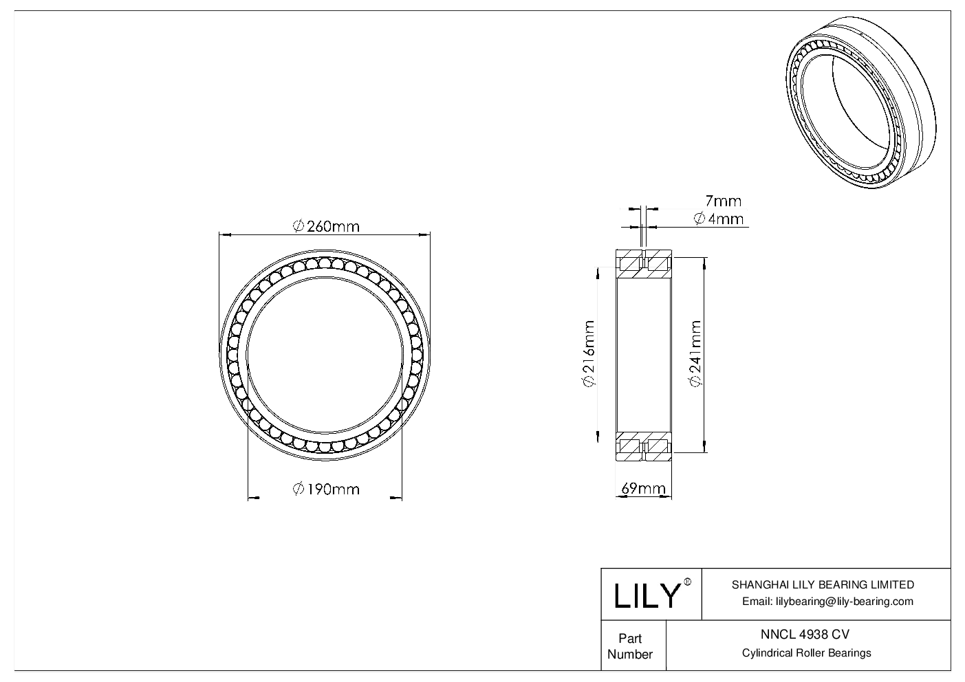 NNCL 4938 CV Double Row Full Complement Cylindrical Roller Bearings cad drawing