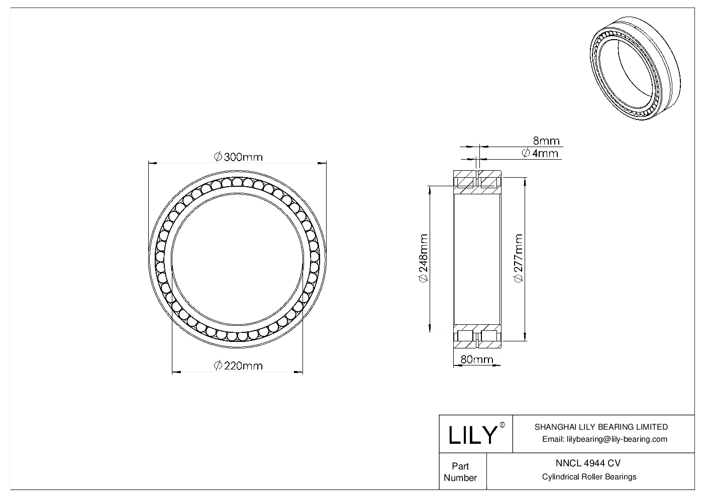 NNCL 4944 CV Double Row Full Complement Cylindrical Roller Bearings cad drawing