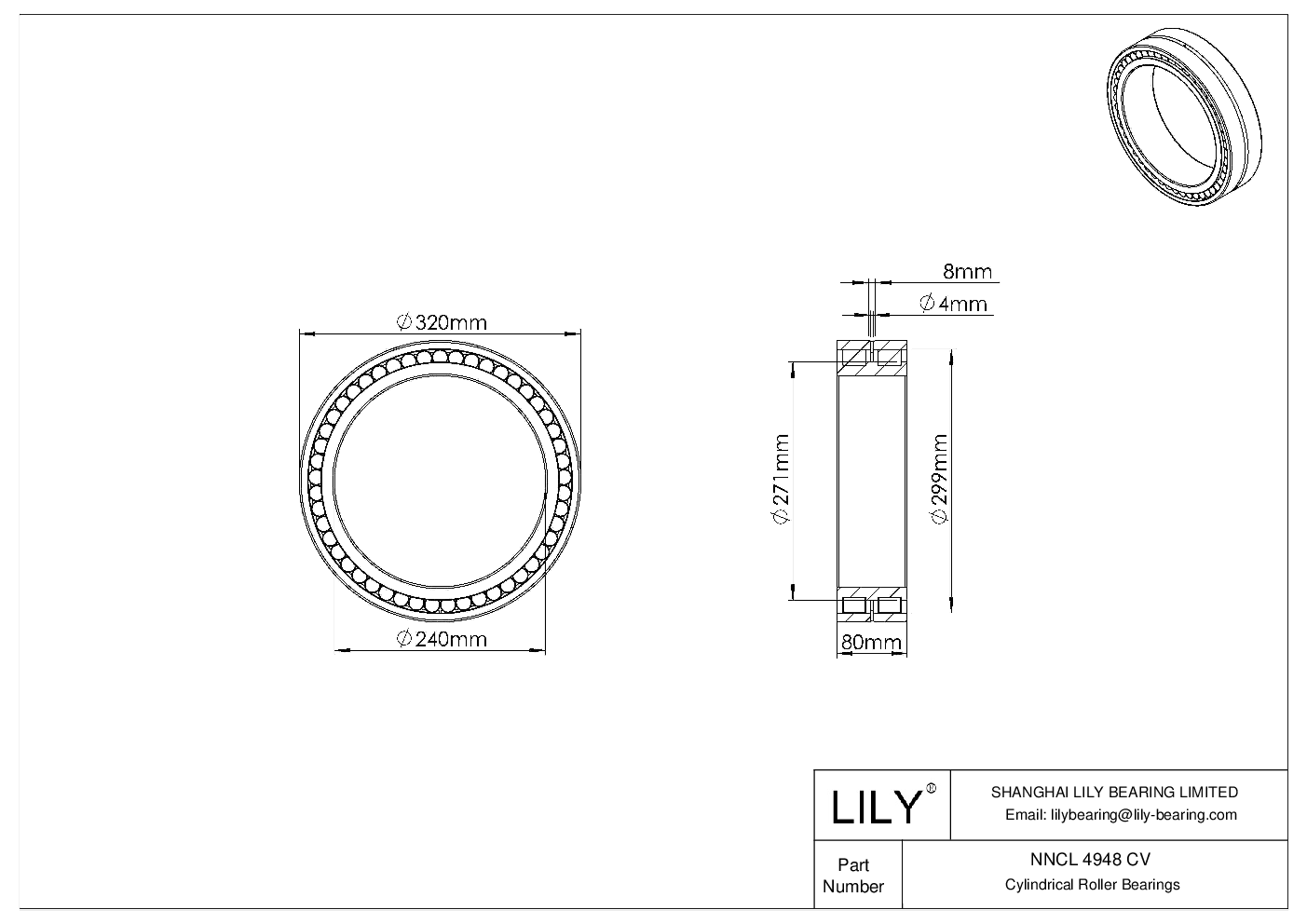 NNCL 4948 CV Double Row Full Complement Cylindrical Roller Bearings cad drawing