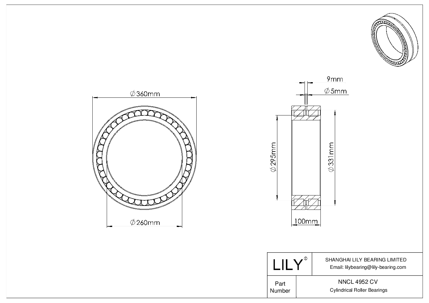 NNCL 4952 CV Double Row Full Complement Cylindrical Roller Bearings cad drawing