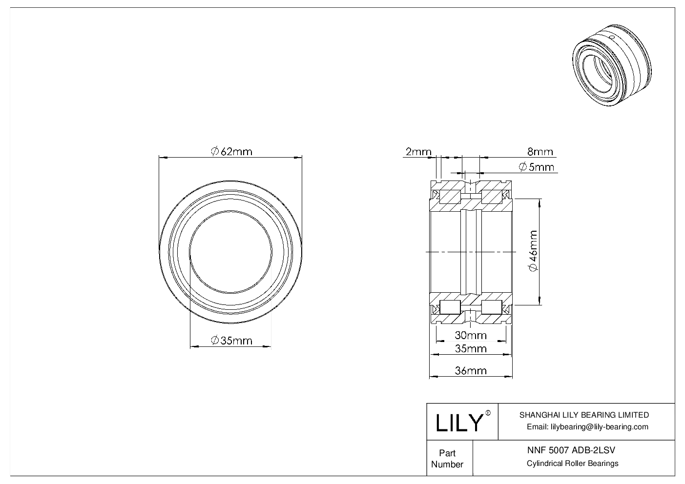 NNF 5007 ADB-2LSV Double Row Full Complement Cylindrical Roller Bearings cad drawing