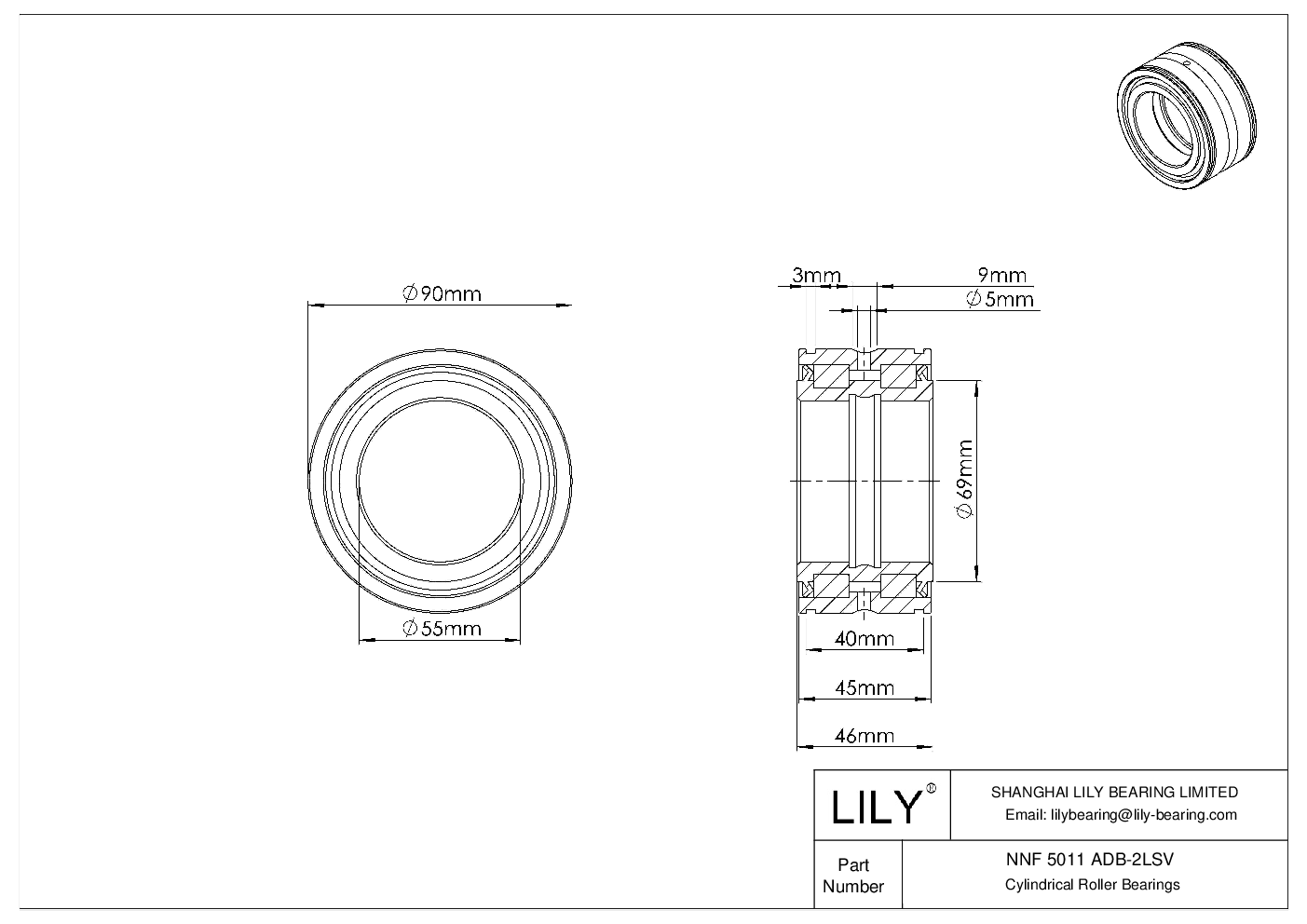 NNF 5011 ADB-2LSV Double Row Full Complement Cylindrical Roller Bearings cad drawing