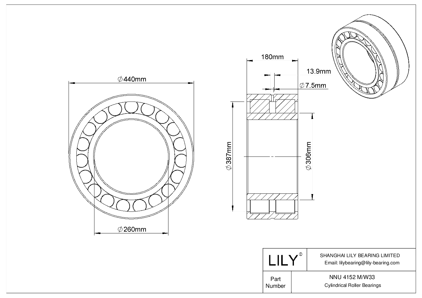 NNU 4152 M/W33 Double Row Cylindrical Roller Bearings cad drawing