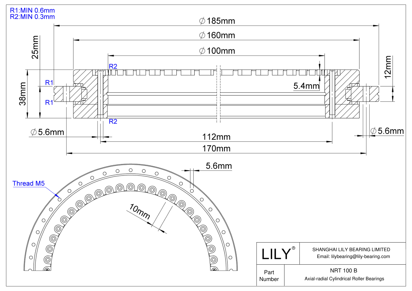 NRT 100 B Super-Precision Axial-Radial Cylindrical Roller Bearings cad drawing