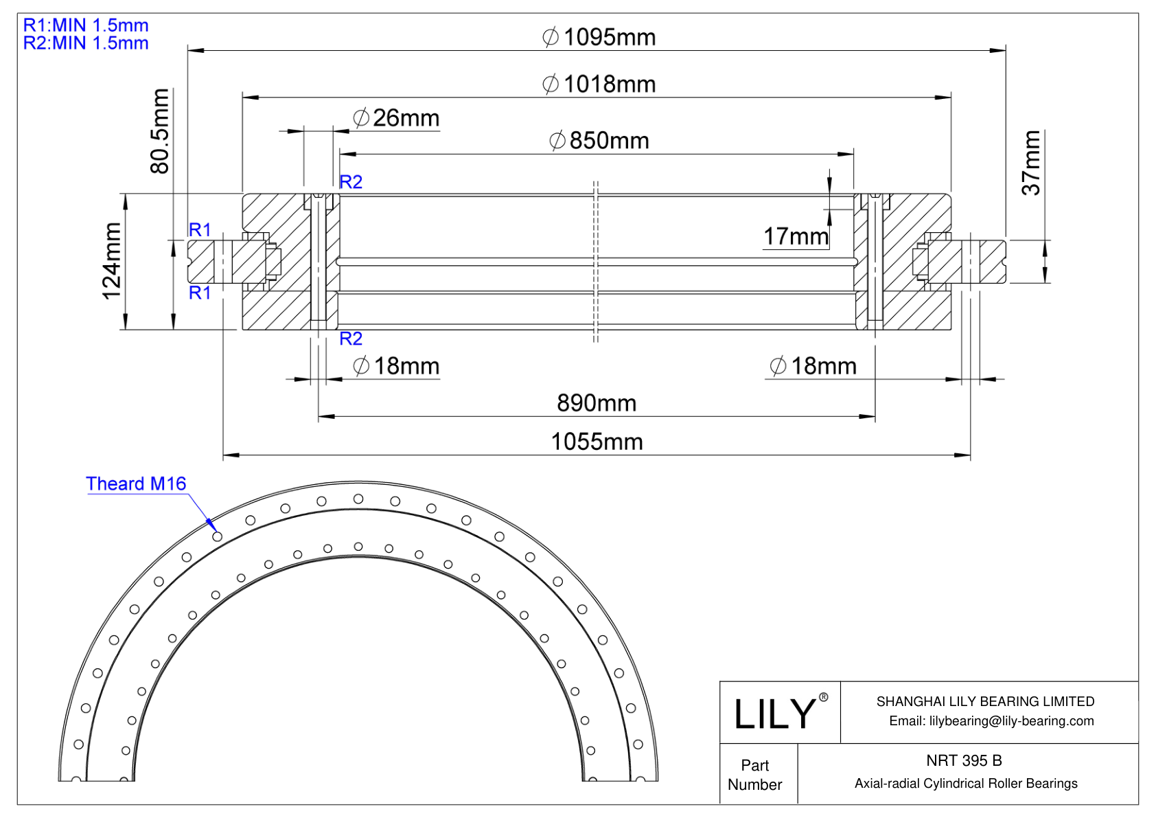 NRT 395 B Rodamientos de rodillos cilíndricos axial-radial de superprecisión cad drawing