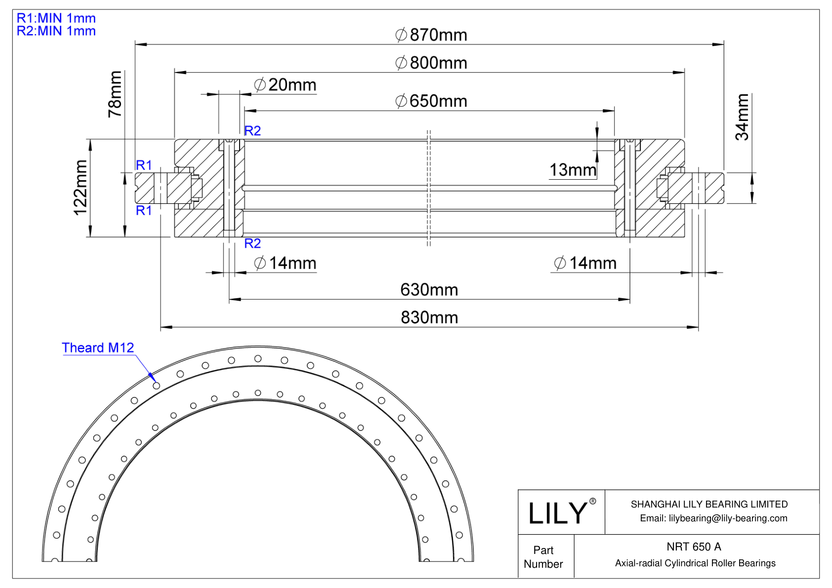 NRT 650 A Super-Precision Axial-Radial Cylindrical Roller Bearings cad drawing