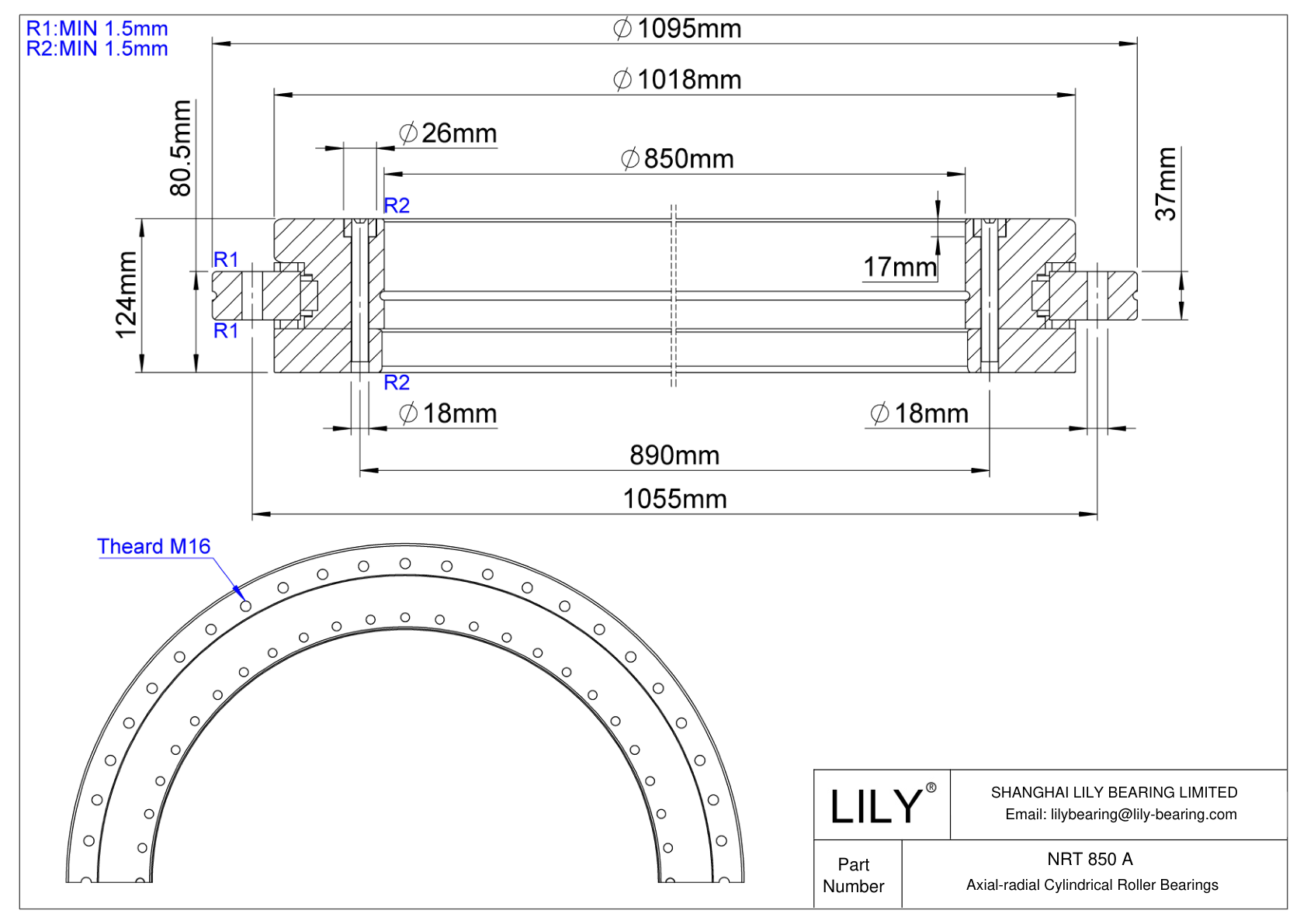 NRT 850 A Super-Precision Axial-Radial Cylindrical Roller Bearings cad drawing