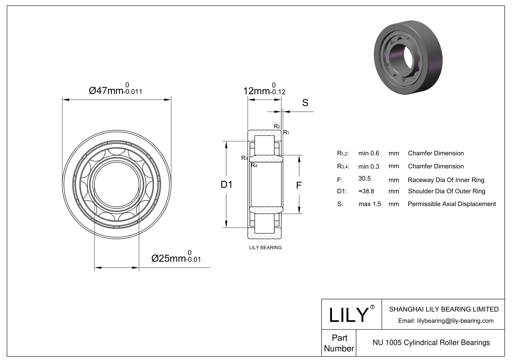 NU 1005 Single Row Cylindrical Roller Bearings With Inner Ring cad drawing