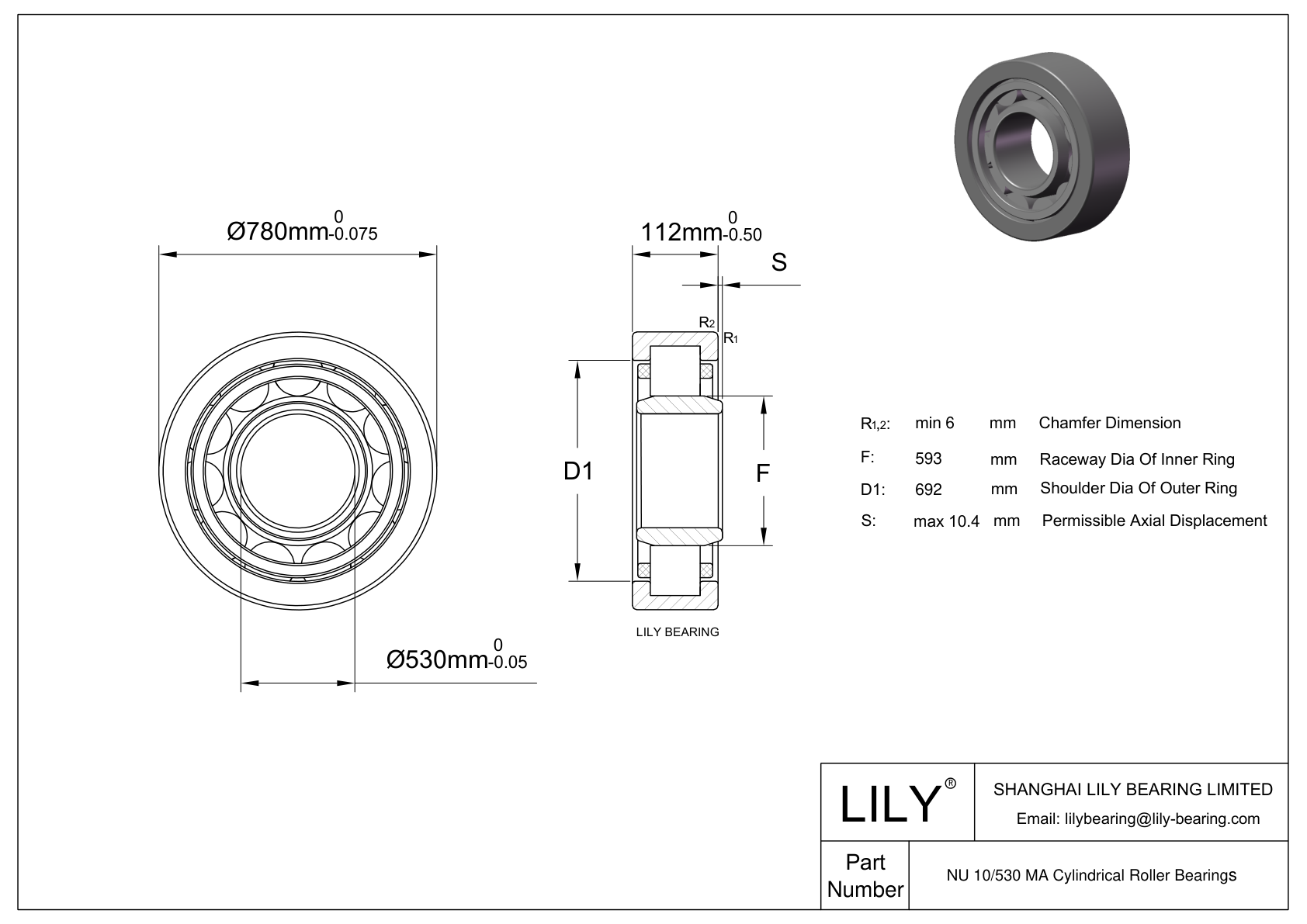 NU 10/530 MA Single Row Cylindrical Roller Bearings With Inner Ring cad drawing