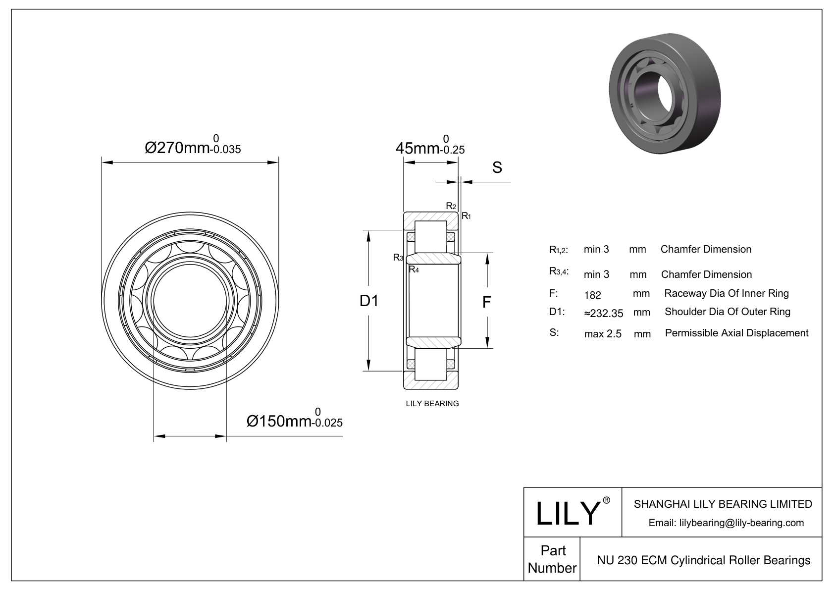 NU 230 ECM/C3VL2071 Ceramic Coated Cylindrical Roller Bearings cad drawing