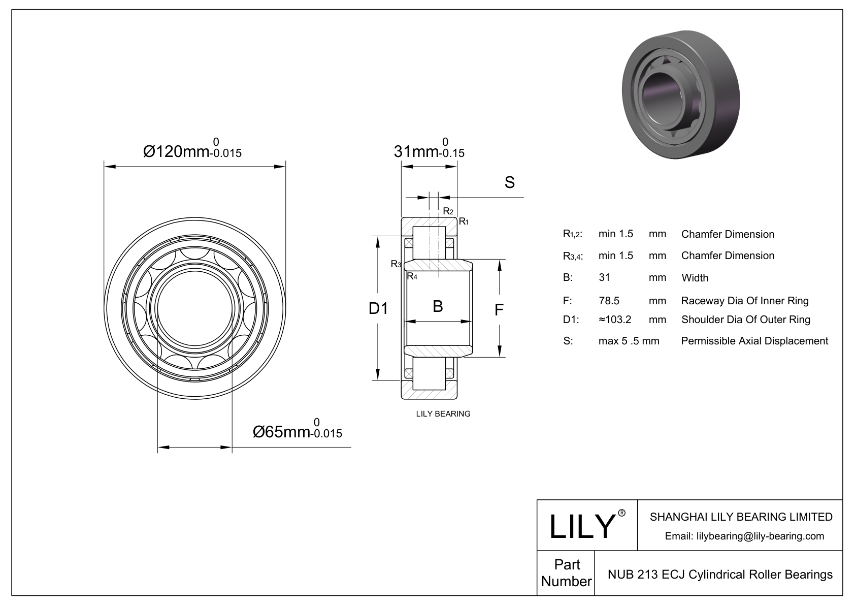 NUB 213 ECJ 带内圈单列圆柱滚子轴承 cad drawing