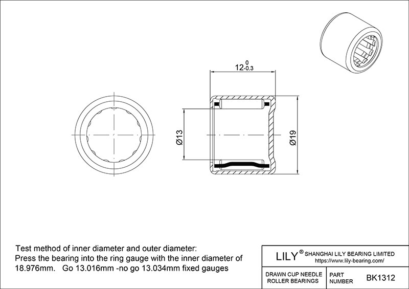 BK1312 Drawn Cup Needle Roller Bearings cad drawing