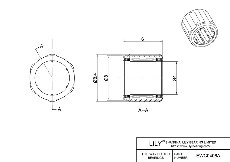 EWC0406A One-Way Needle-Roller Bearing Clutches cad drawing