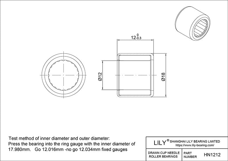HN1212 Drawn Cup Needle Roller Bearings cad drawing
