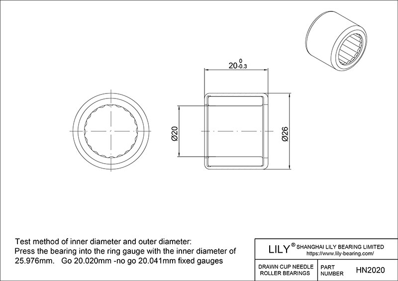 HN2020 Drawn Cup Needle Roller Bearings cad drawing