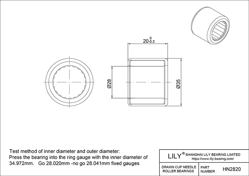 HN2820 Drawn Cup Needle Roller Bearings cad drawing