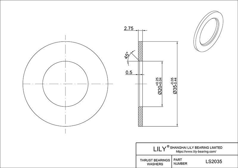 LS2035 Needle Roller Thrust Bearings (Washers) cad drawing