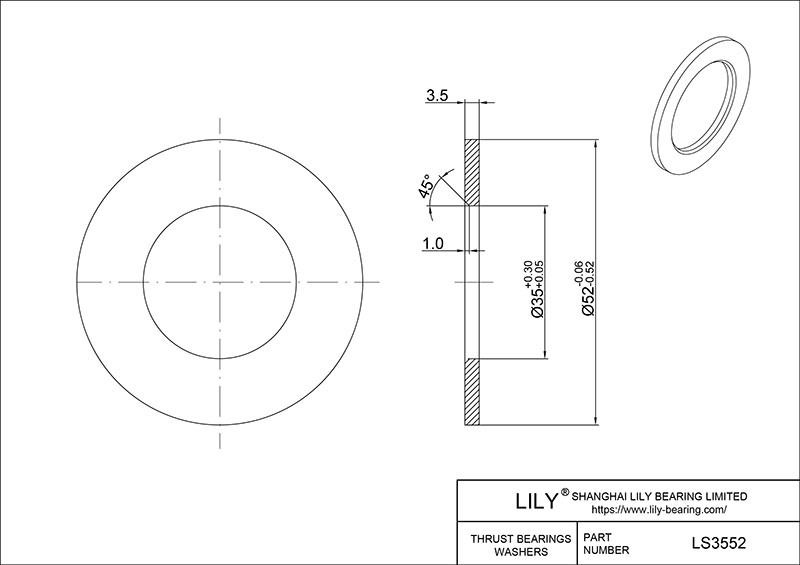 LS3552 Needle Roller Thrust Bearings (Washers) cad drawing