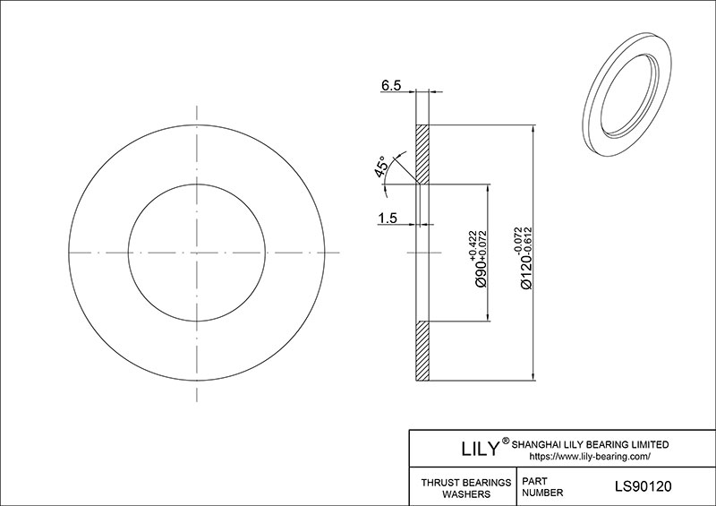 LS90120 Needle Roller Thrust Bearings (Washers) cad drawing