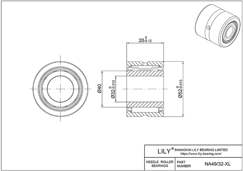NA49/32-XL Heavy Duty Needle Roller Bearings (Machined) cad drawing