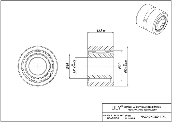 NAO12X24X13-XL Heavy Duty Needle Roller Bearings (Machined) cad drawing