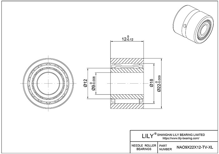 NAO9X22X12-TV-XL Heavy Duty Needle Roller Bearings (Machined) cad drawing