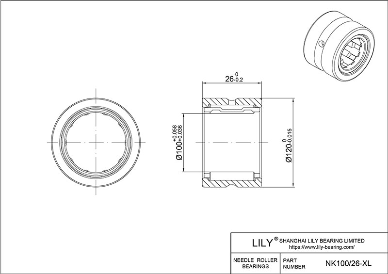 NK100/26-XL Heavy Duty Needle Roller Bearings (Machined) cad drawing
