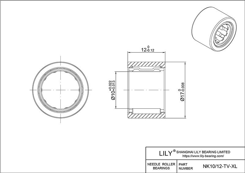 NK10/12-TV-XL Heavy Duty Needle Roller Bearings (Machined) cad drawing