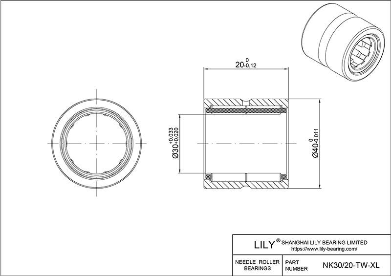 NK30/20-TW-XL Heavy Duty Needle Roller Bearings (Machined) cad drawing