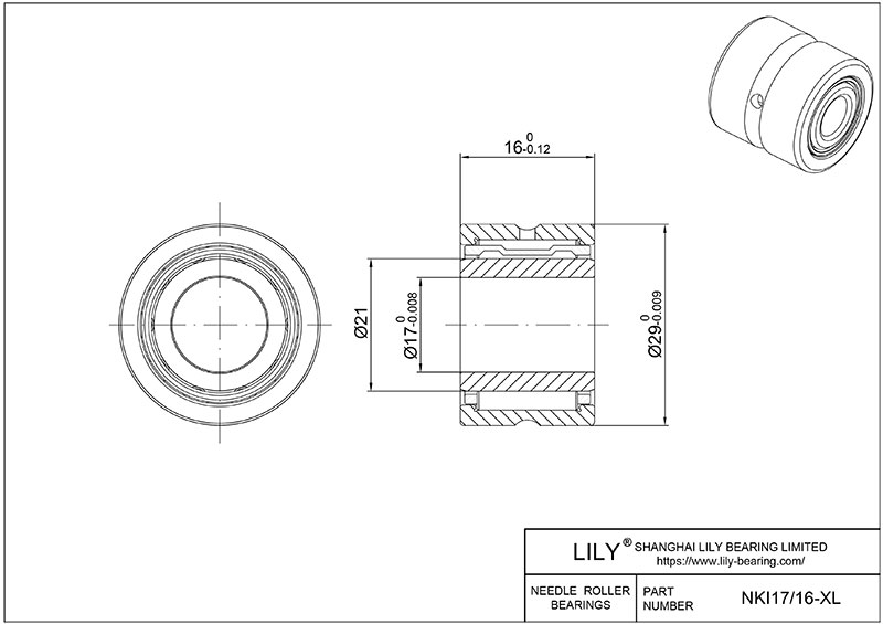 NKI17/16-XL Heavy Duty Needle Roller Bearings (Machined) cad drawing