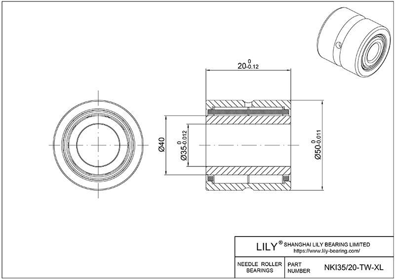 NKI35/20-TW-XL Heavy Duty Needle Roller Bearings (Machined) cad drawing