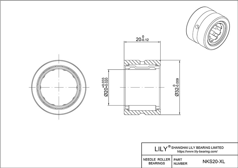 NKS20-XL Heavy Duty Needle Roller Bearings (Machined) cad drawing