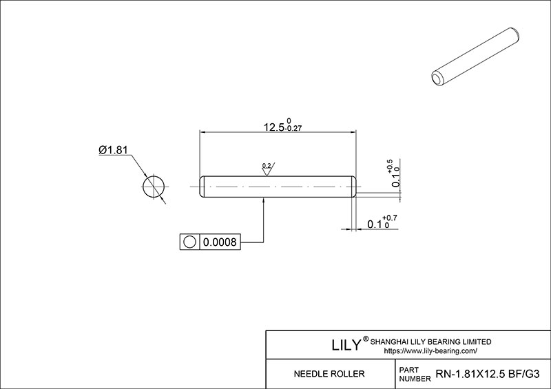 RN-1.81x12.5 BF/G3 Loose Needle Rollers cad drawing