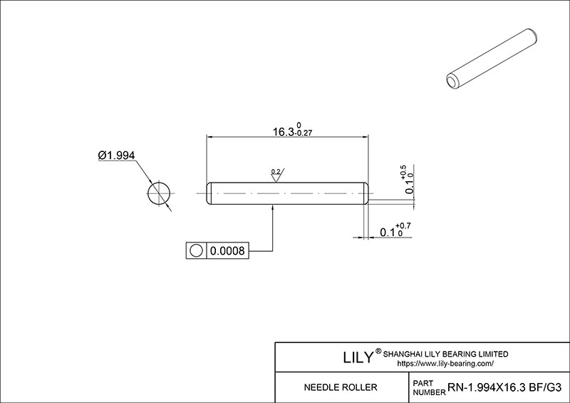 RN-1.994x16.3 BF/G3 Loose Needle Rollers cad drawing