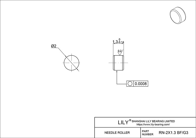 RN-2x1.3 BF/G3 Loose Needle Rollers cad drawing