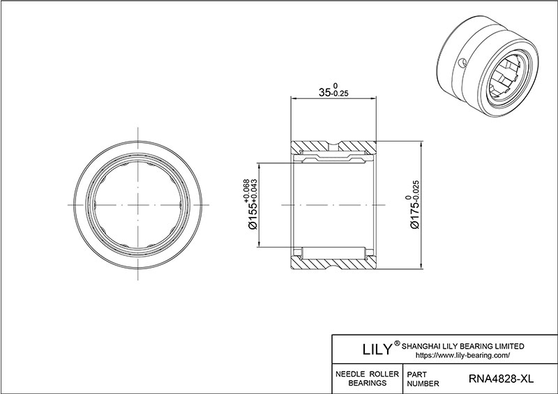 RNA4828-XL Heavy Duty Needle Roller Bearings (Machined) cad drawing