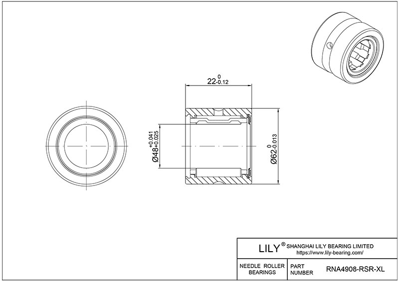 RNA4908-RSR-XL Heavy Duty Needle Roller Bearings (Machined) cad drawing