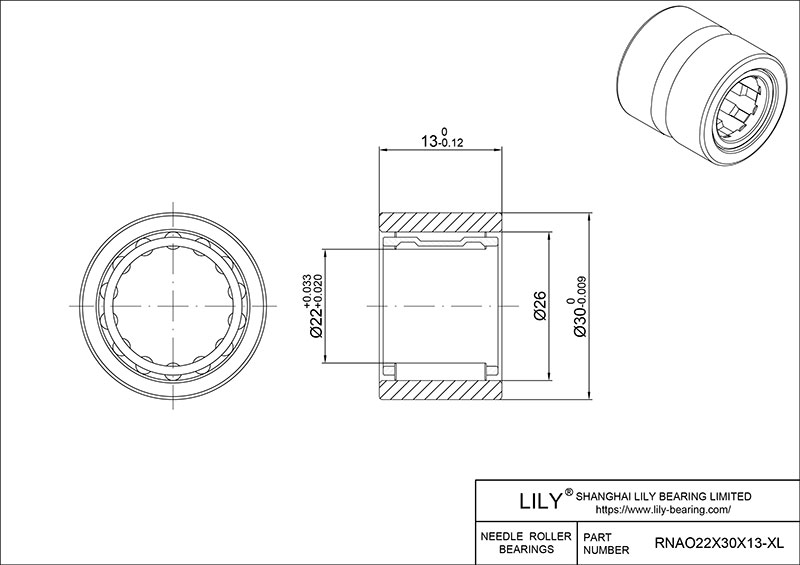 RNAO22X30X13-XL Heavy Duty Needle Roller Bearings (Machined) cad drawing